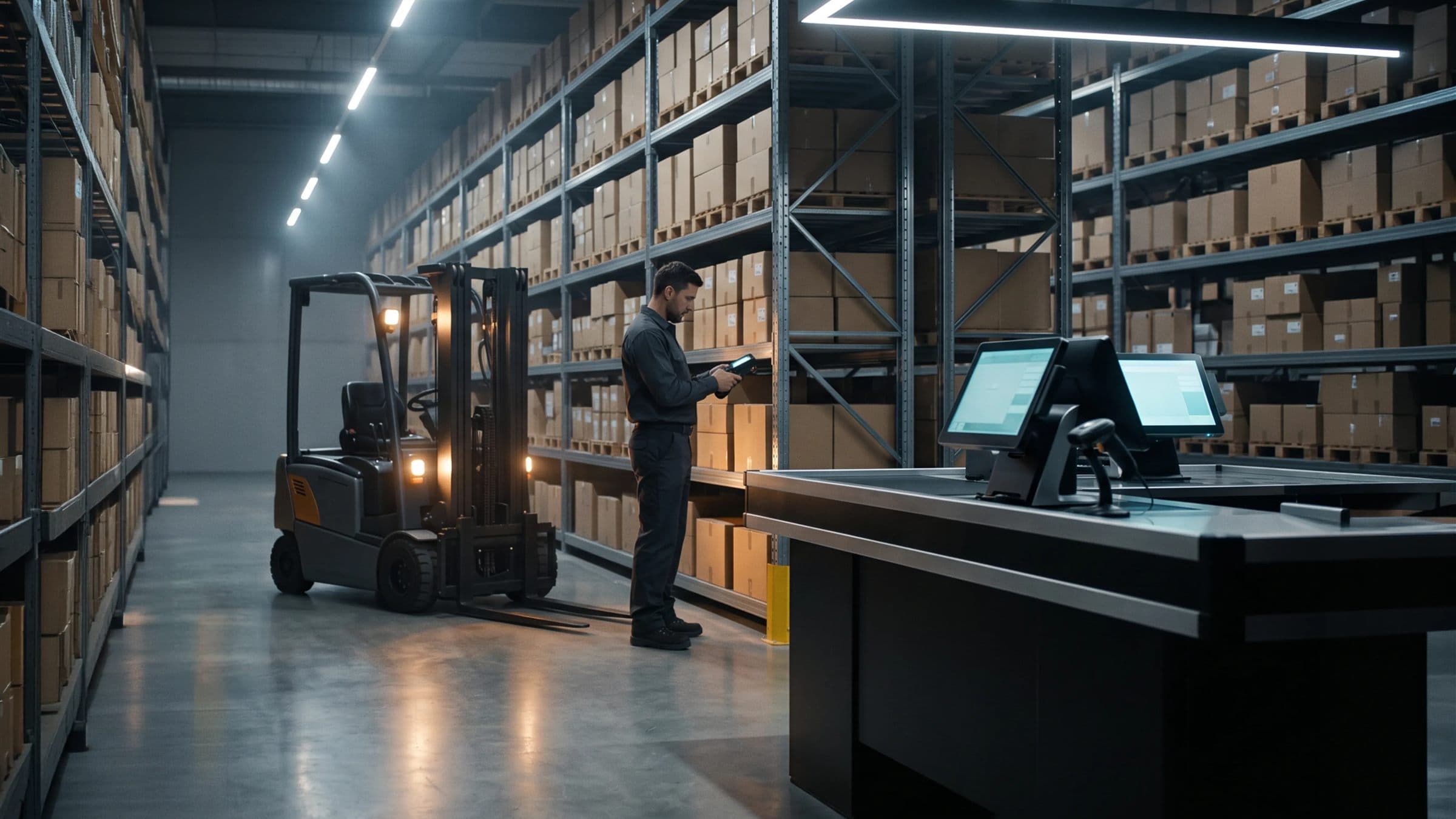 Modern depoda el terminaliyle çalışan görevli ve forklift