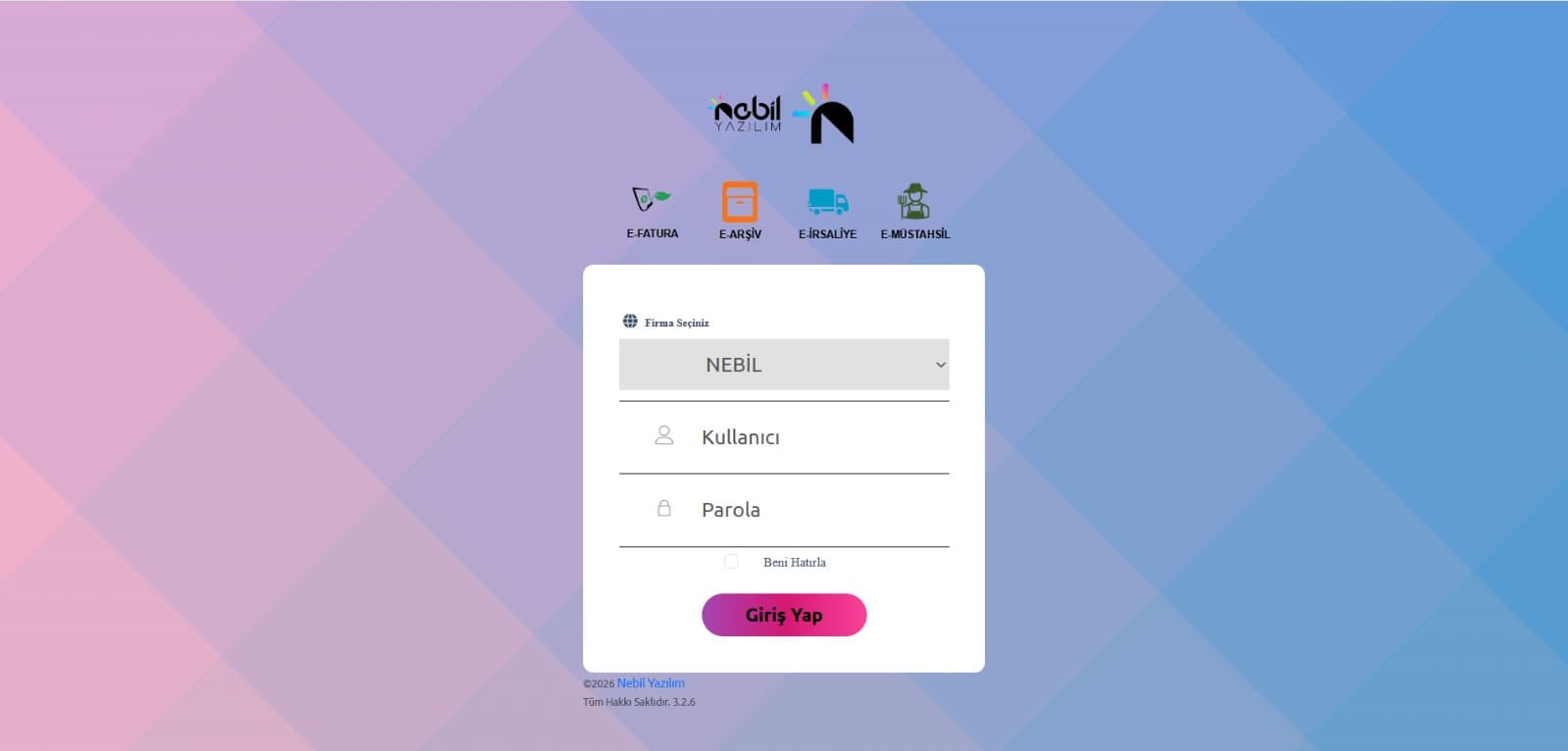 Nebil e-Belge portalı giriş ekranı: e-Fatura, e-Arşiv, e-İrsaliye ve e-Müstahsil modülleri